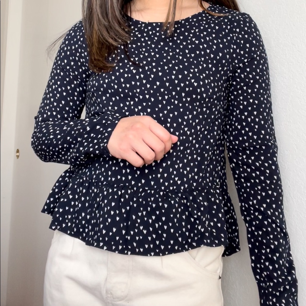 H&M White Heart Print, Peplum Long Sleeve Top